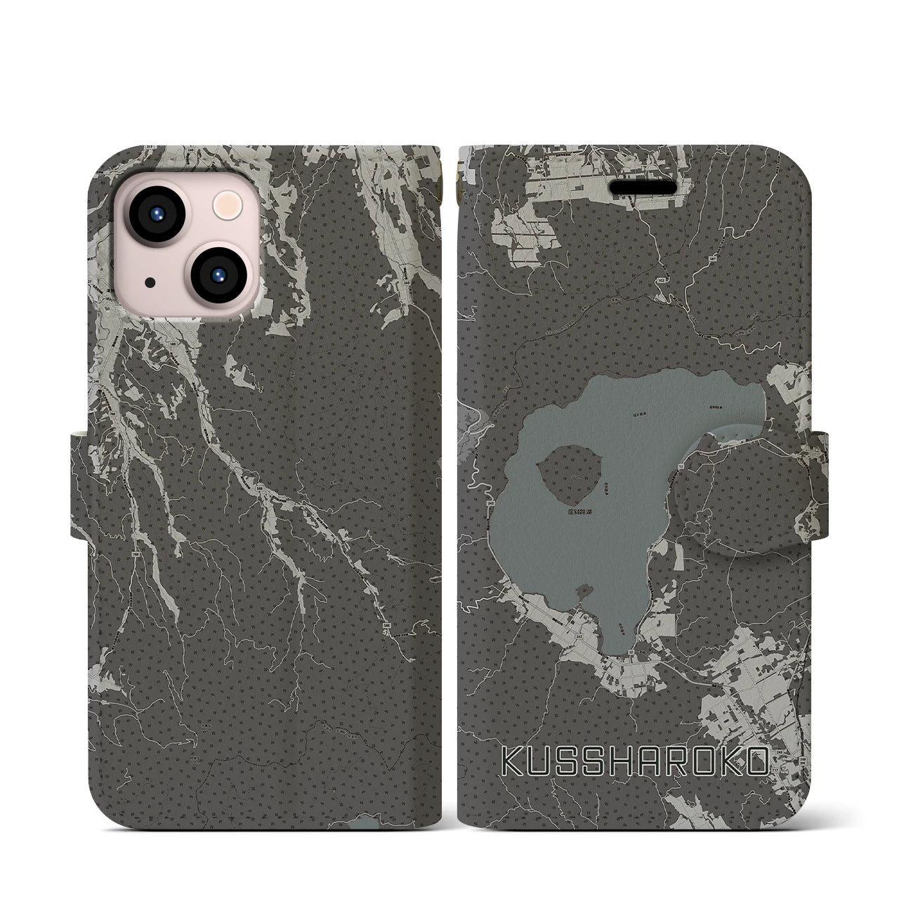 【屈斜路湖(北海道)】地図柄iPhoneケース(手帳タイプ)モノトーン・iPhone 13 mini 用