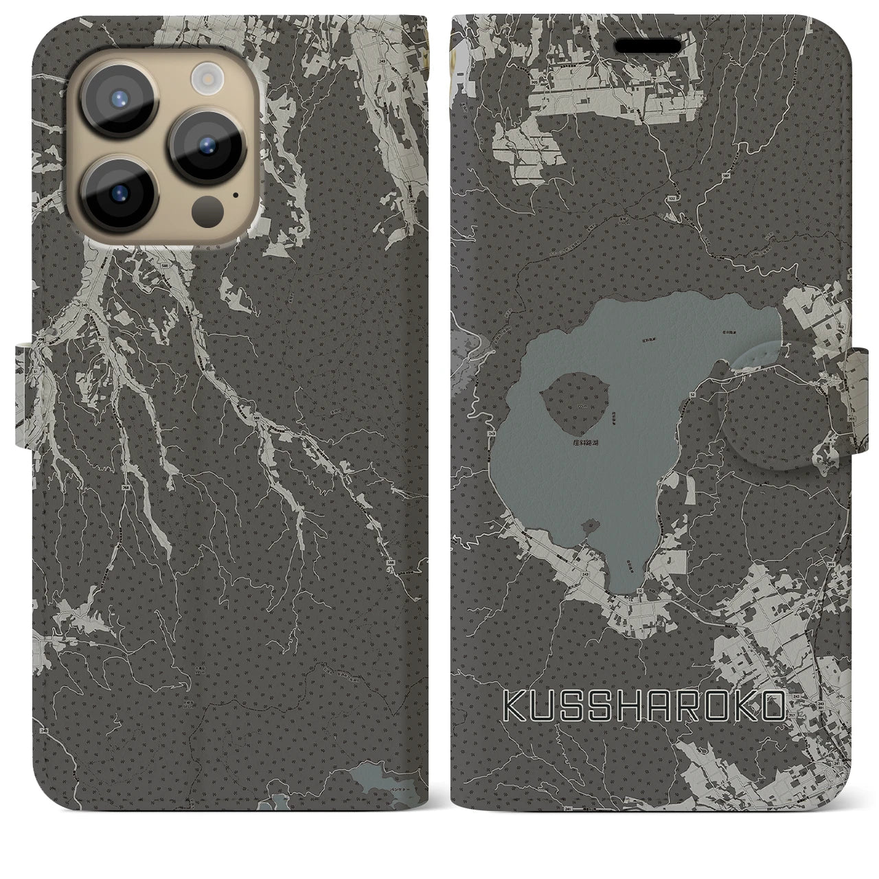 【屈斜路湖(北海道)】地図柄iPhoneケース(手帳タイプ)モノトーン・iPhone 14 Pro Max 用