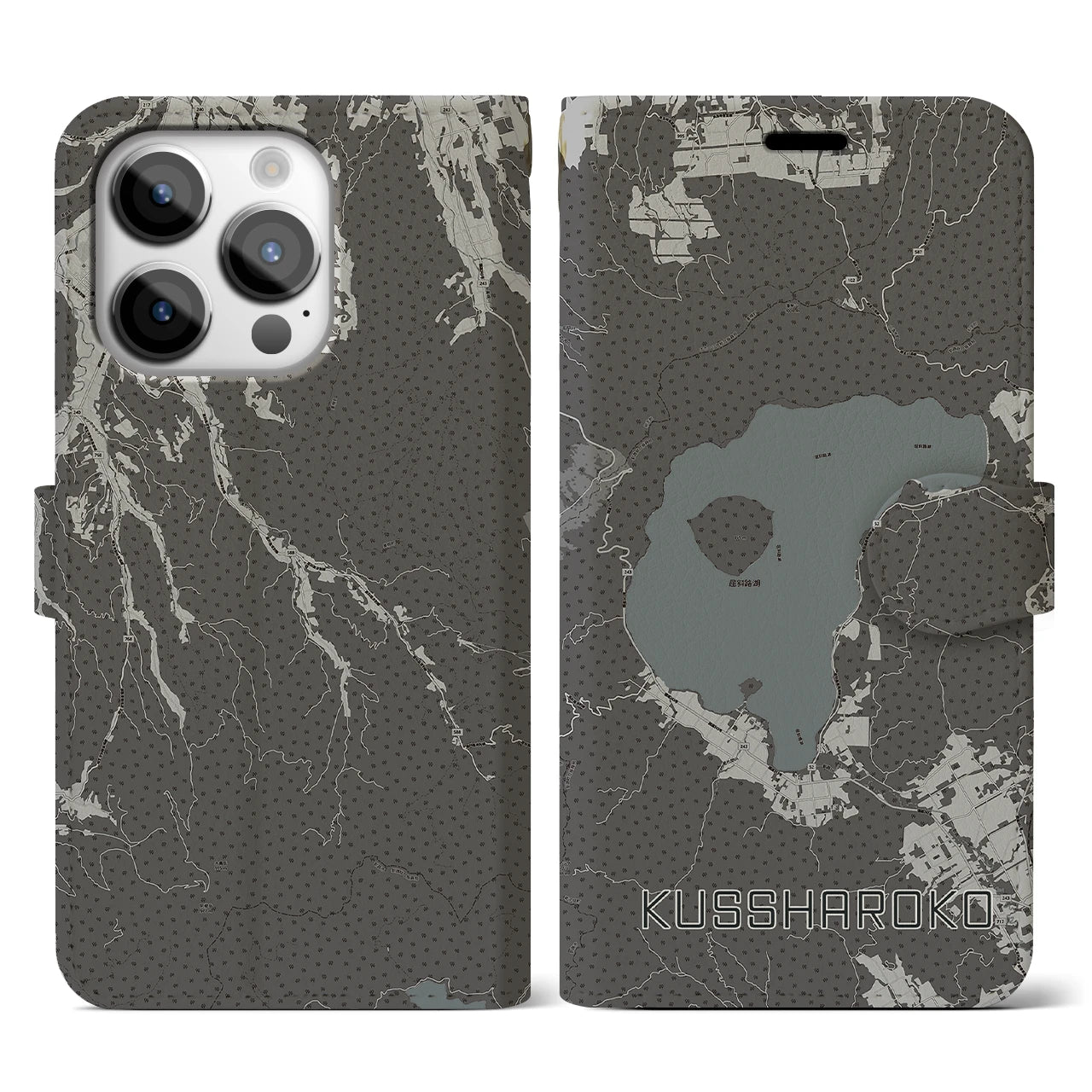 【屈斜路湖(北海道)】地図柄iPhoneケース(手帳タイプ)モノトーン・iPhone 14 Pro 用