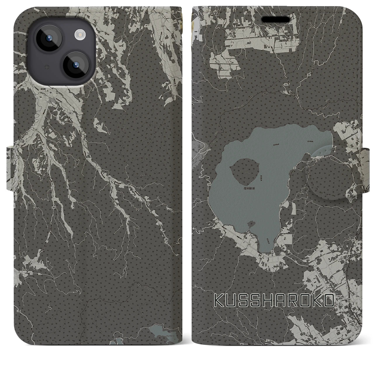 【屈斜路湖(北海道)】地図柄iPhoneケース(手帳タイプ)モノトーン・iPhone 14 Plus 用