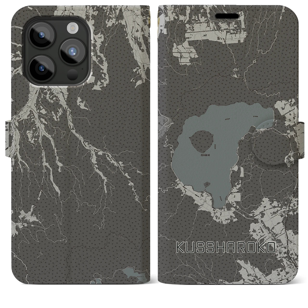 【屈斜路湖(北海道)】地図柄iPhoneケース(手帳タイプ)モノトーン・iPhone 15 Pro Max 用