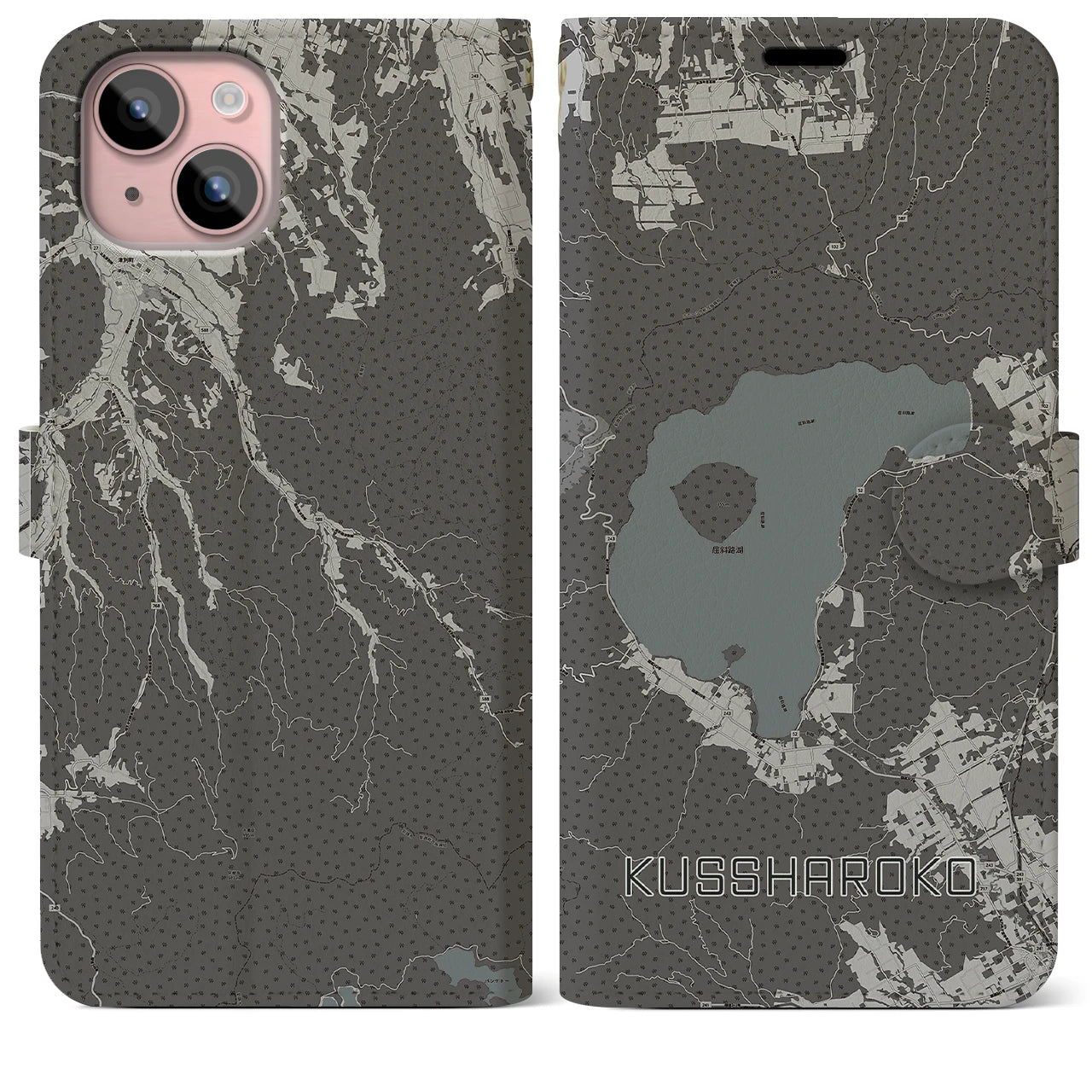 【屈斜路湖(北海道)】地図柄iPhoneケース(手帳タイプ)モノトーン・iPhone 15 Plus 用
