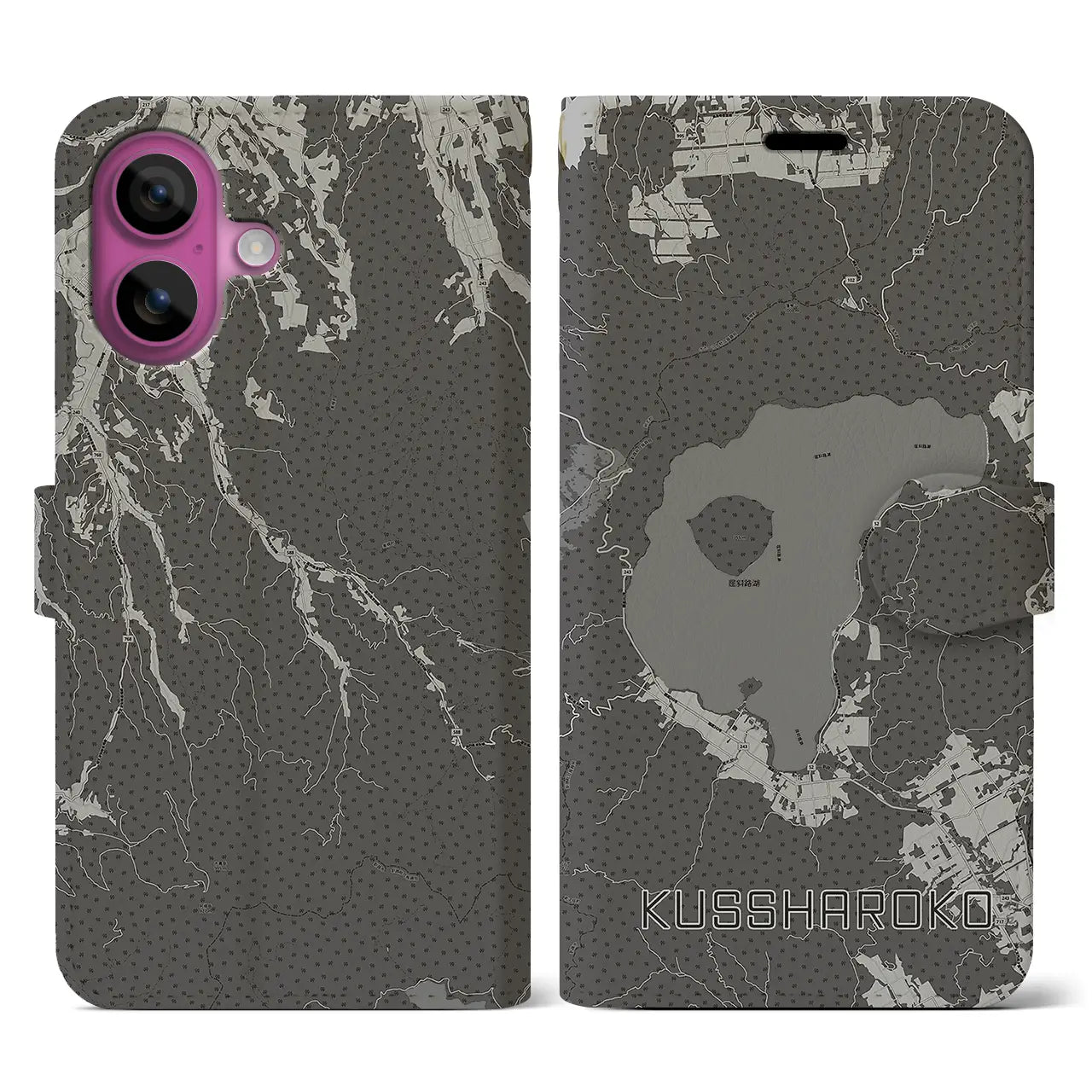 【屈斜路湖(北海道)】地図柄iPhoneケース(手帳タイプ)モノトーン・iPhone 16 Pro 用