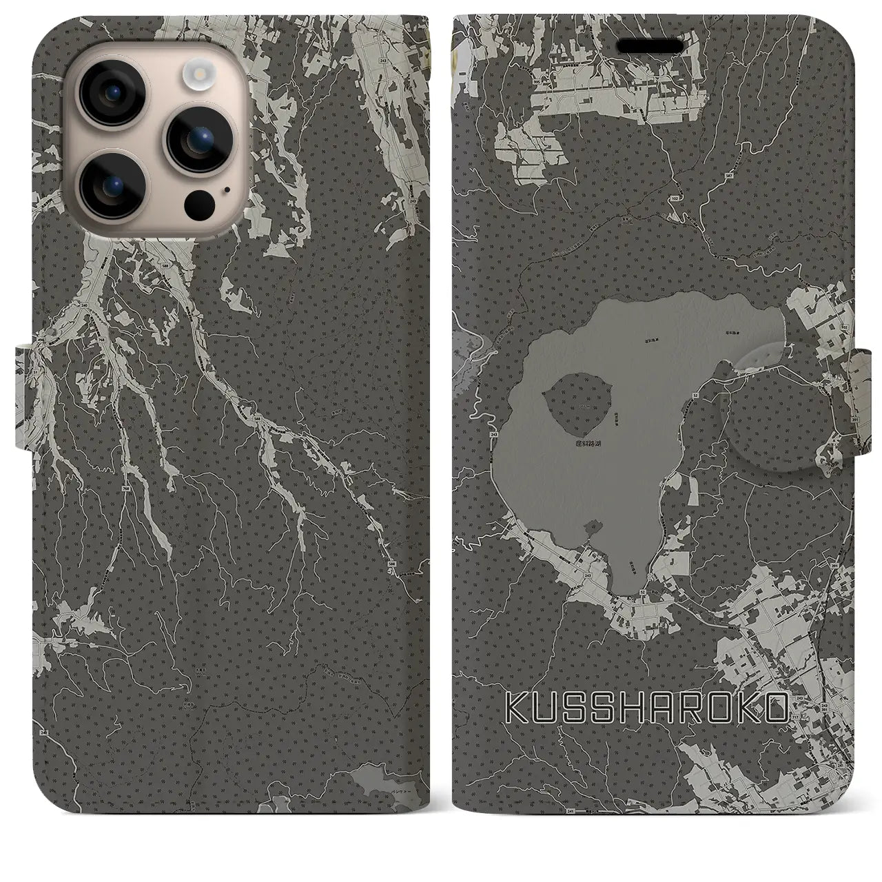 【屈斜路湖(北海道)】地図柄iPhoneケース(手帳タイプ)モノトーン・iPhone 16 Plus 用