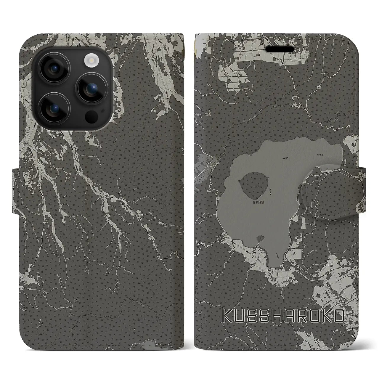 【屈斜路湖(北海道)】地図柄iPhoneケース(手帳タイプ)モノトーン・iPhone 16 用