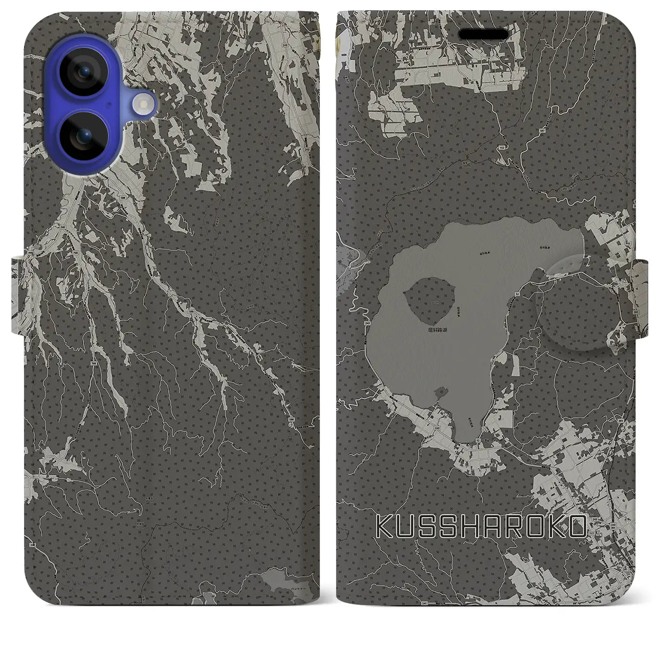 【屈斜路湖(北海道)】地図柄iPhoneケース(手帳タイプ)モノトーン・iPhone 16 Pro Max 用