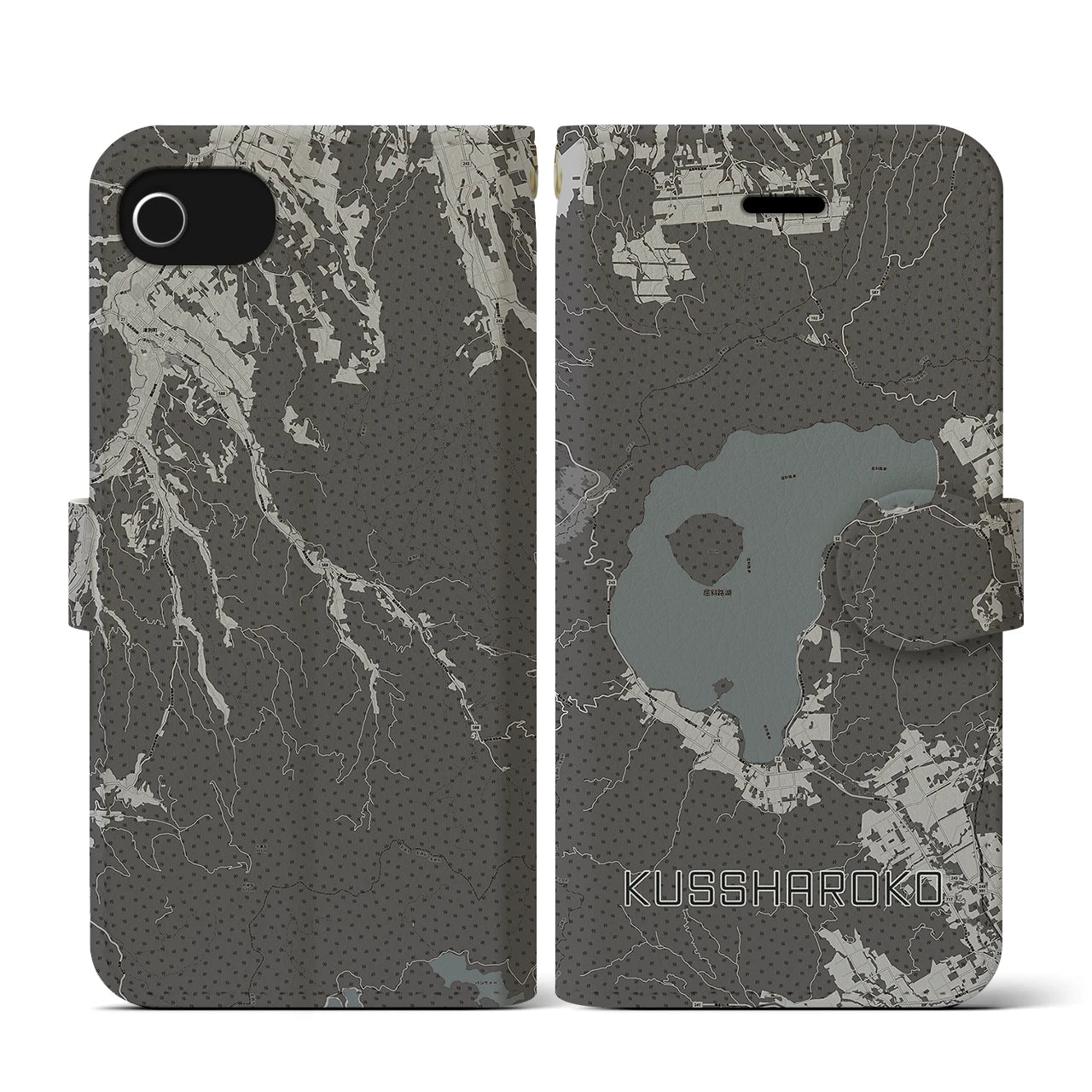 【屈斜路湖(北海道)】地図柄iPhoneケース(手帳タイプ)モノトーン・iPhone SE(第3 / 第2世代) / 8 / 7 / 6s / 6 用