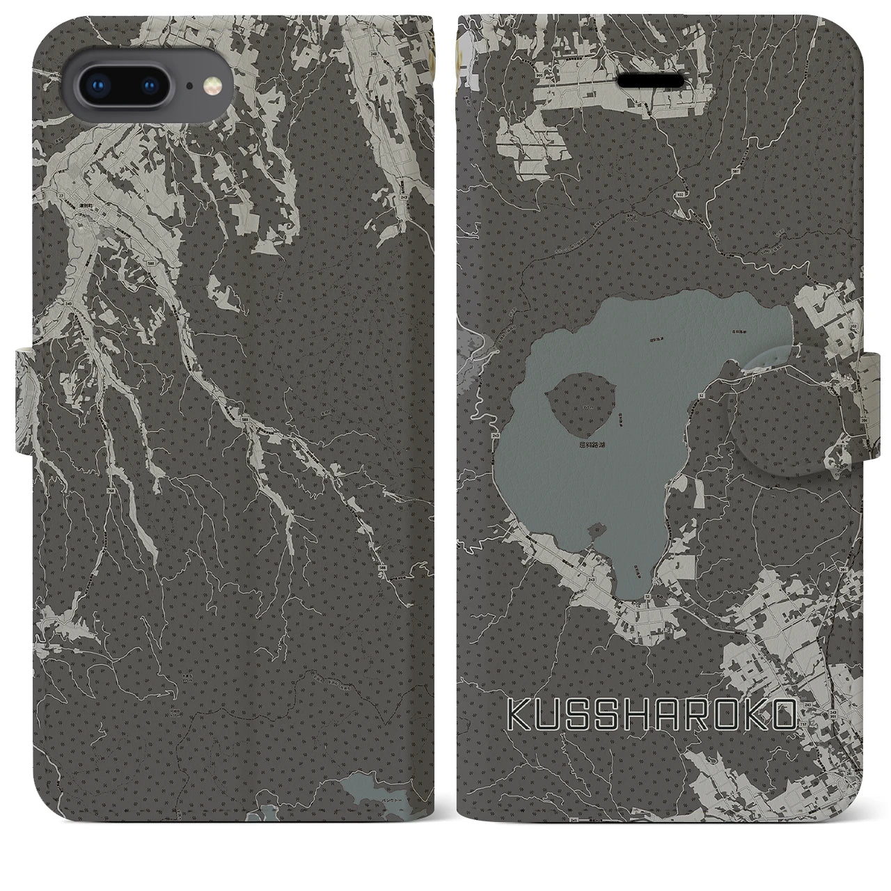 【屈斜路湖(北海道)】地図柄iPhoneケース(手帳タイプ)モノトーン・iPhone 8Plus /7Plus / 6sPlus / 6Plus 用