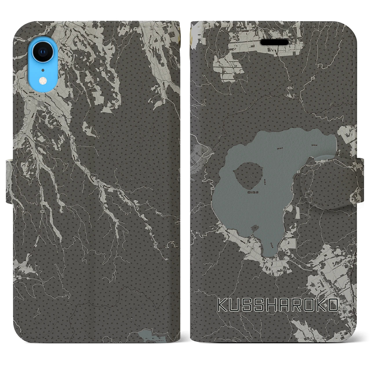 【屈斜路湖(北海道)】地図柄iPhoneケース(手帳タイプ)モノトーン・iPhone XR 用