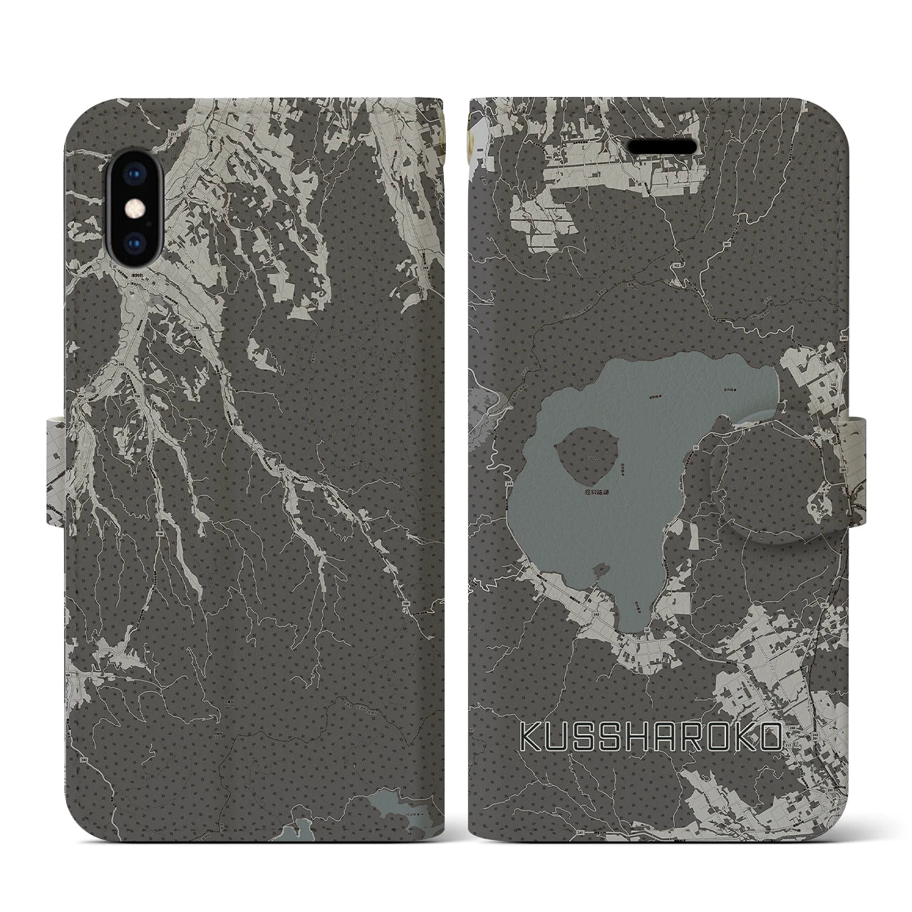【屈斜路湖(北海道)】地図柄iPhoneケース(手帳タイプ)モノトーン・iPhone XS / X 用
