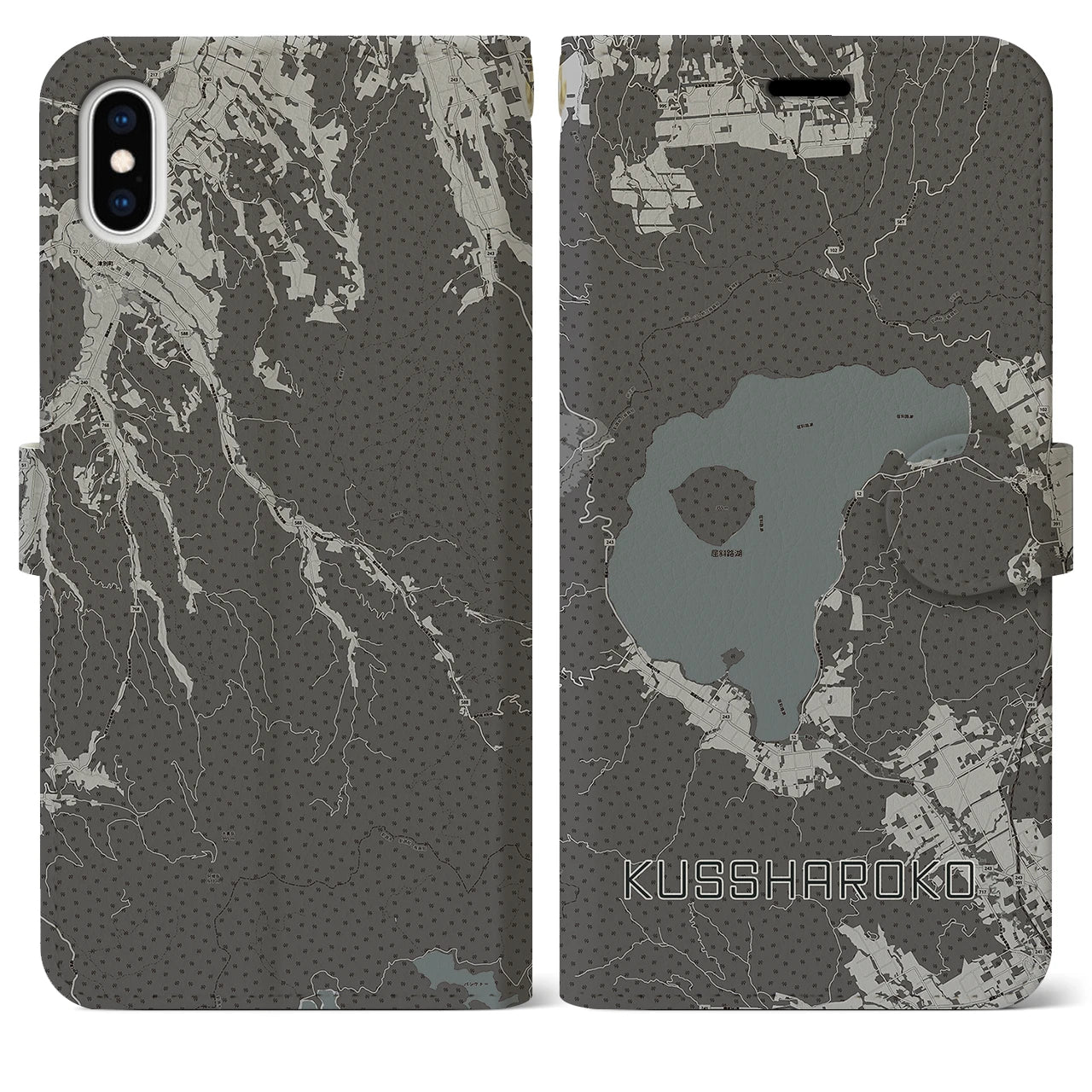 【屈斜路湖(北海道)】地図柄iPhoneケース(手帳タイプ)モノトーン・iPhone XS Max 用