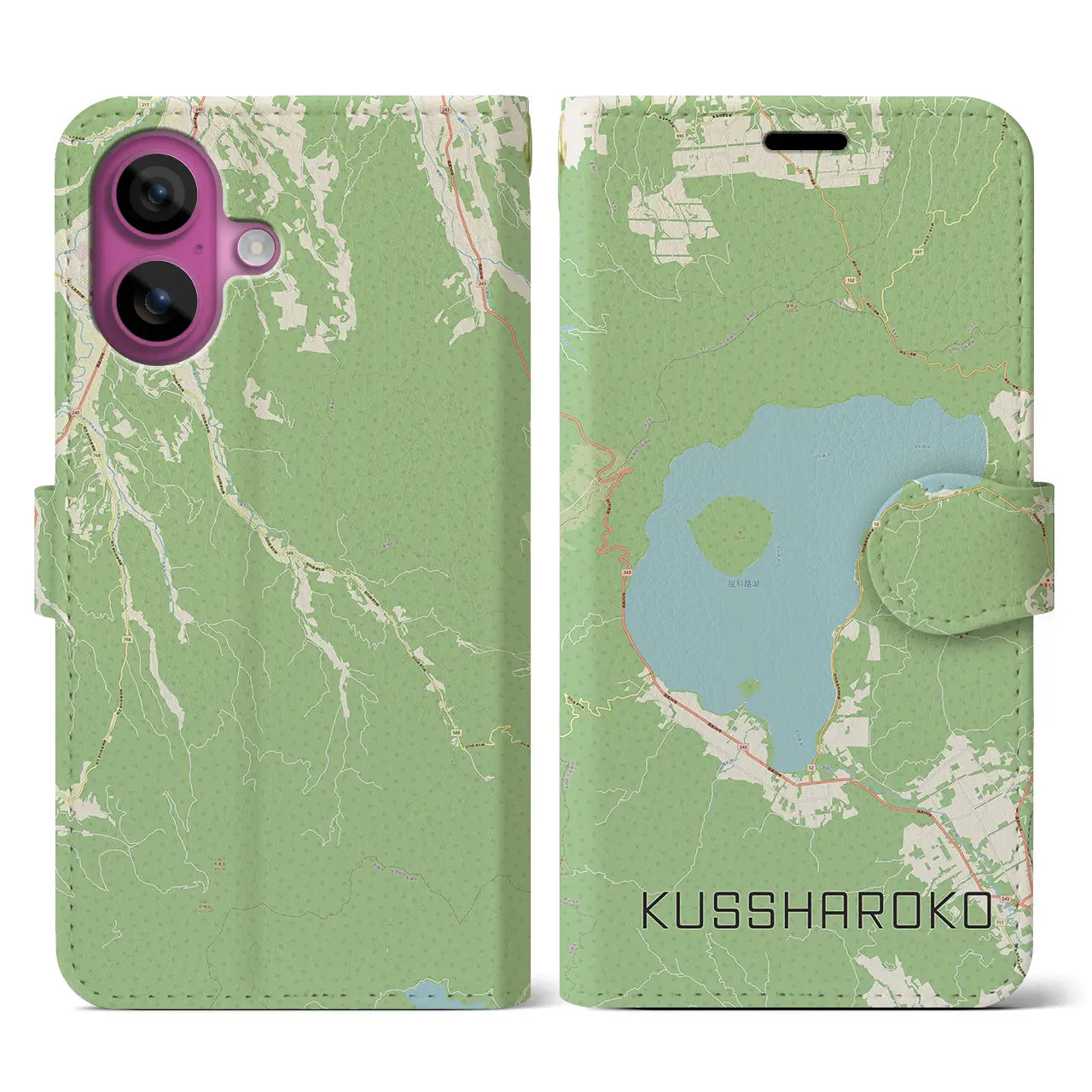 【屈斜路湖(北海道)】地図柄iPhoneケース(手帳タイプ)ナチュラル・iPhone 16 Pro 用