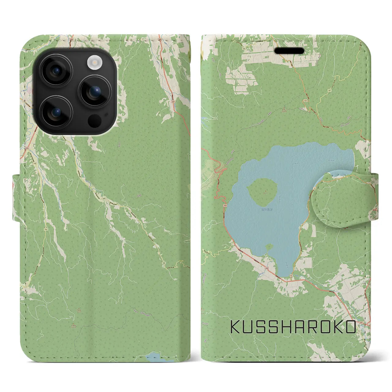 【屈斜路湖(北海道)】地図柄iPhoneケース(手帳タイプ)ナチュラル・iPhone 16 用