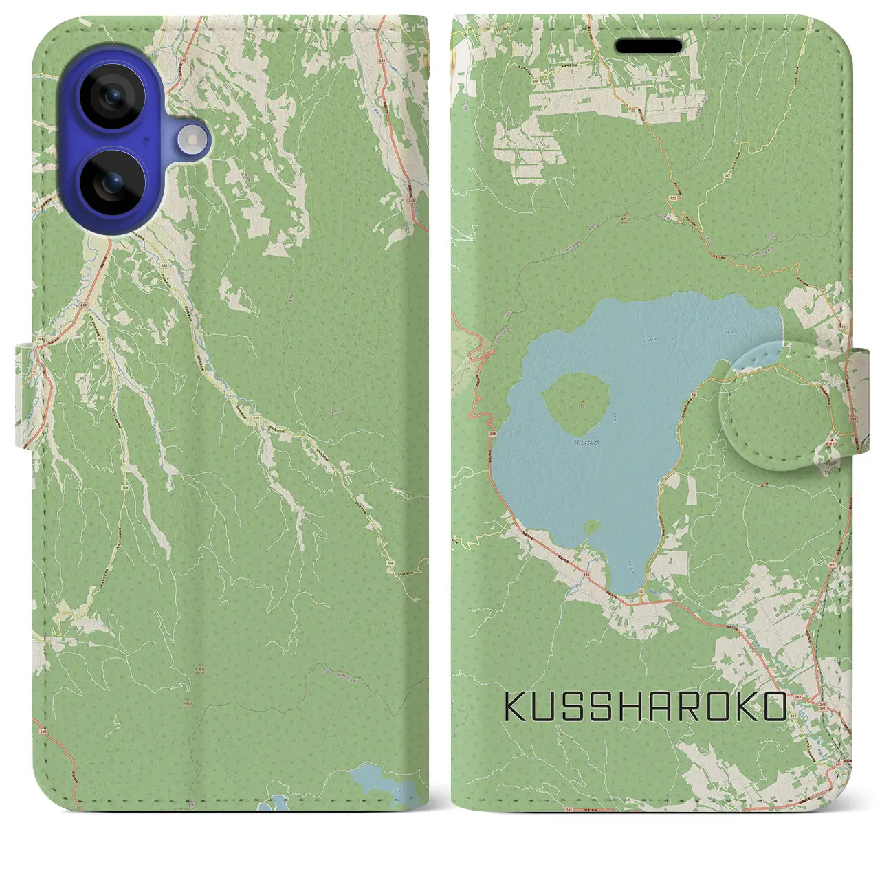 【屈斜路湖(北海道)】地図柄iPhoneケース(手帳タイプ)ナチュラル・iPhone 16 Pro Max 用