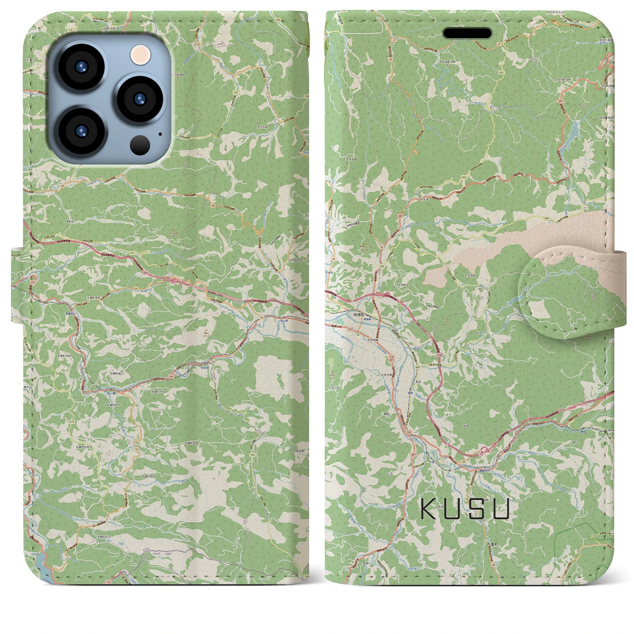 【玖珠(大分県)】地図柄iPhoneケース(手帳タイプ)ナチュラル・iPhone 13 Pro Max 用