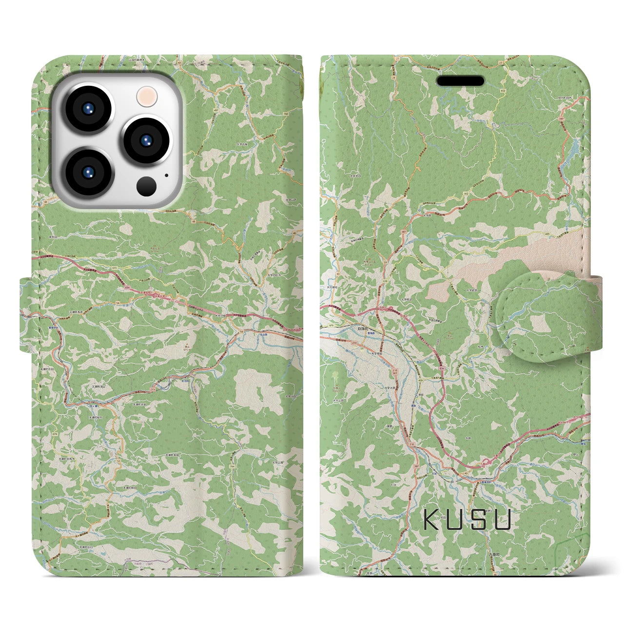 【玖珠(大分県)】地図柄iPhoneケース(手帳タイプ)ナチュラル・iPhone 13 Pro 用