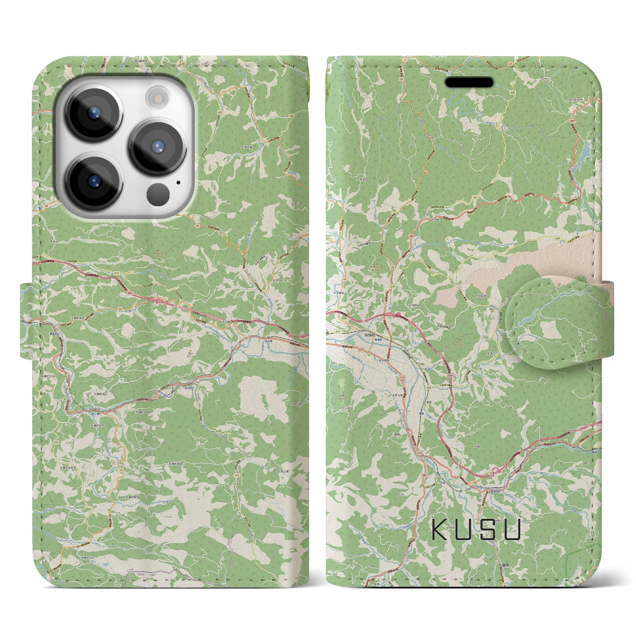 【玖珠(大分県)】地図柄iPhoneケース(手帳タイプ)ナチュラル・iPhone 14 Pro 用