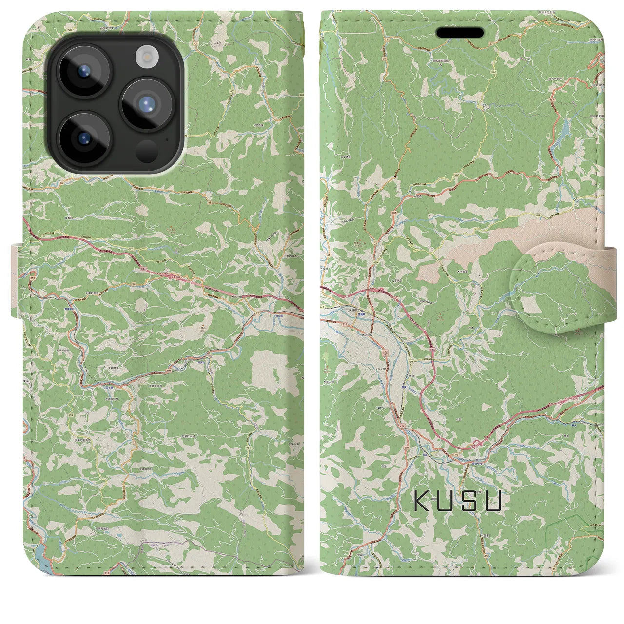 【玖珠(大分県)】地図柄iPhoneケース(手帳タイプ)ナチュラル・iPhone 15 Pro Max 用