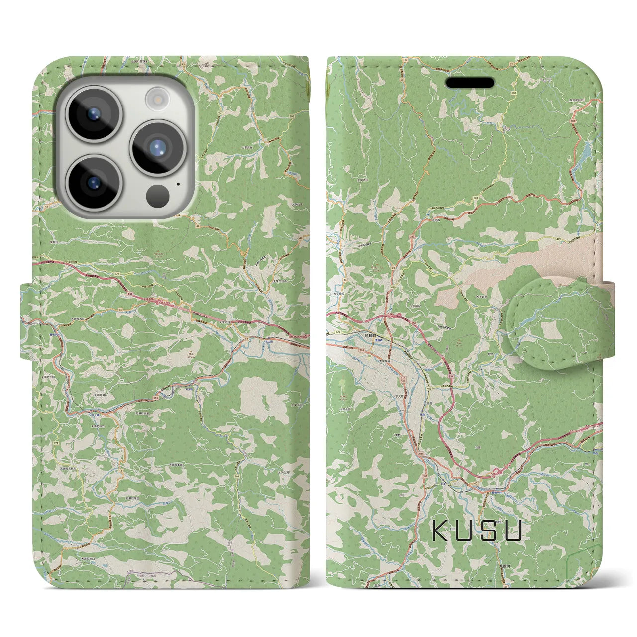 【玖珠(大分県)】地図柄iPhoneケース(手帳タイプ)ナチュラル・iPhone 15 Pro 用