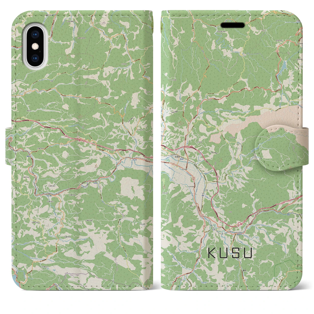【玖珠(大分県)】地図柄iPhoneケース(手帳タイプ)ナチュラル・iPhone XS Max 用