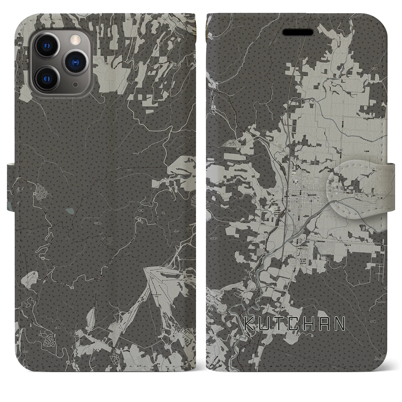 【倶知安(北海道)】地図柄iPhoneケース(手帳タイプ)モノトーン・iPhone 11 Pro Max 用