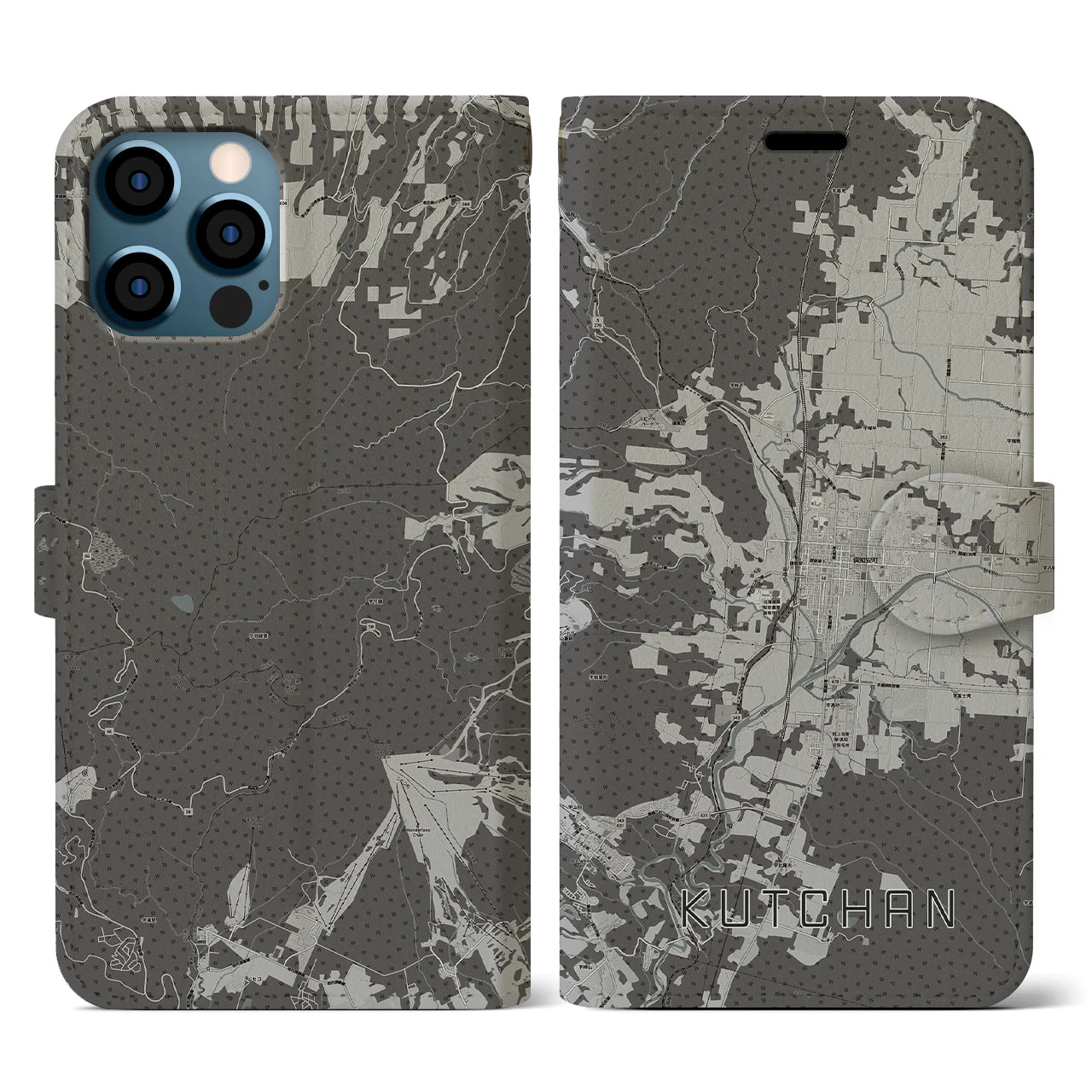 【倶知安(北海道)】地図柄iPhoneケース(手帳タイプ)モノトーン・iPhone 12 / 12 Pro 用