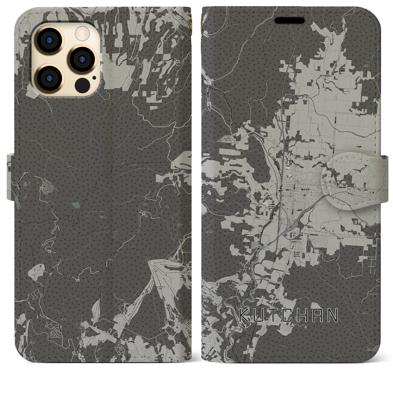 【倶知安(北海道)】地図柄iPhoneケース(手帳タイプ)モノトーン・iPhone 12 Pro Max 用