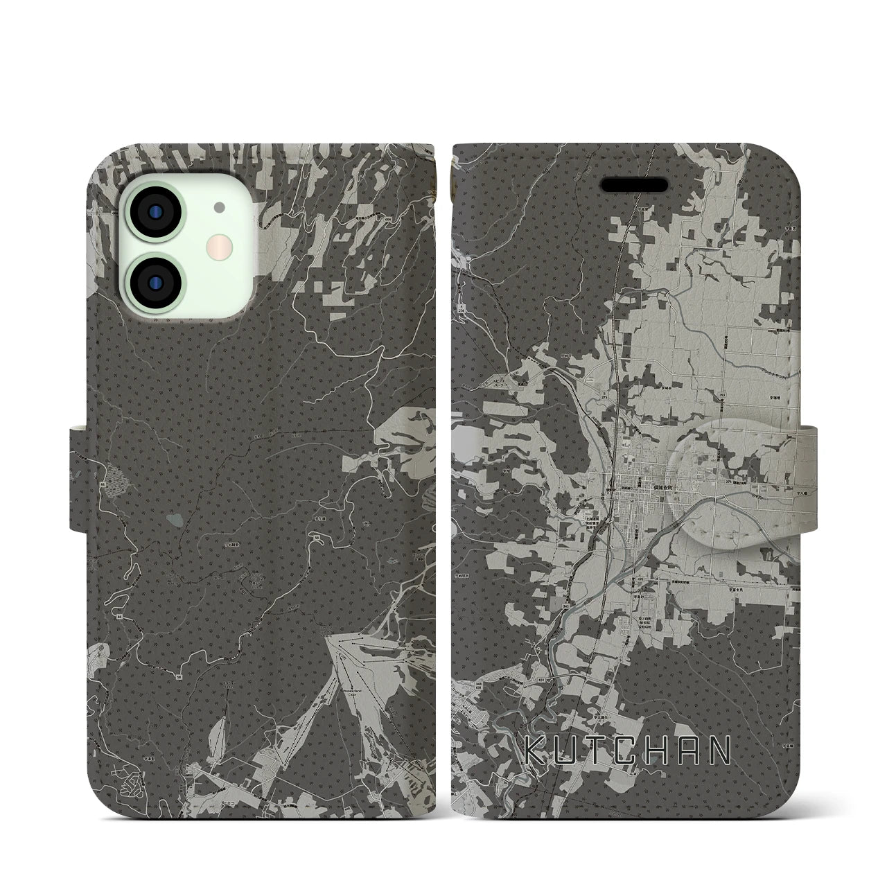 【倶知安(北海道)】地図柄iPhoneケース(手帳タイプ)モノトーン・iPhone 12 mini 用