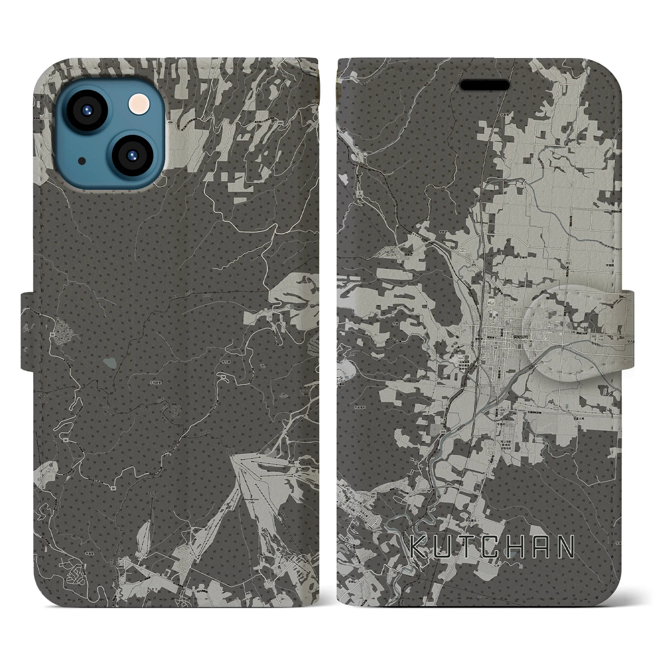 【倶知安(北海道)】地図柄iPhoneケース(手帳タイプ)モノトーン・iPhone 13 用