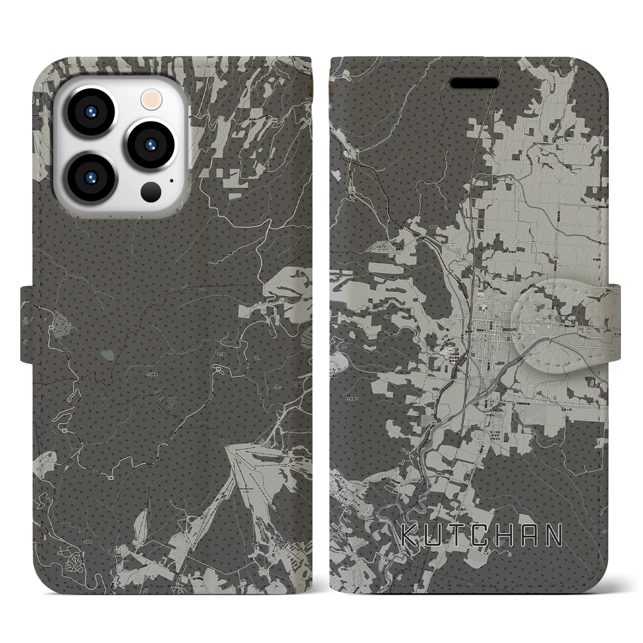 【倶知安(北海道)】地図柄iPhoneケース(手帳タイプ)モノトーン・iPhone 13 Pro 用
