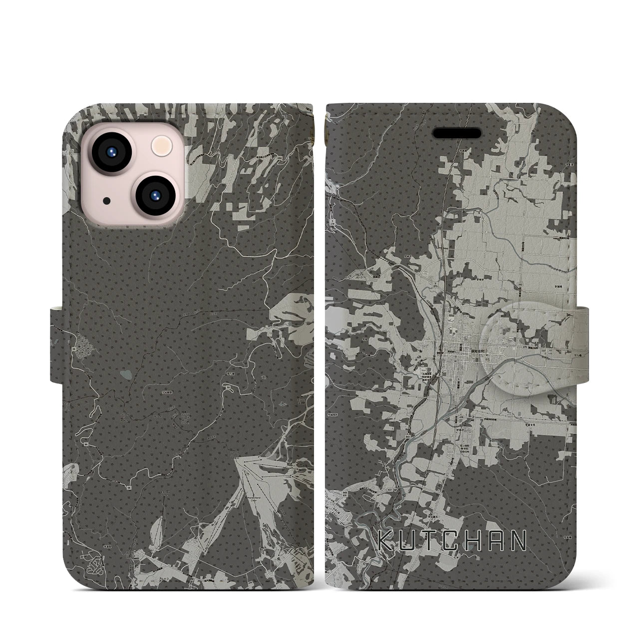【倶知安(北海道)】地図柄iPhoneケース(手帳タイプ)モノトーン・iPhone 13 mini 用
