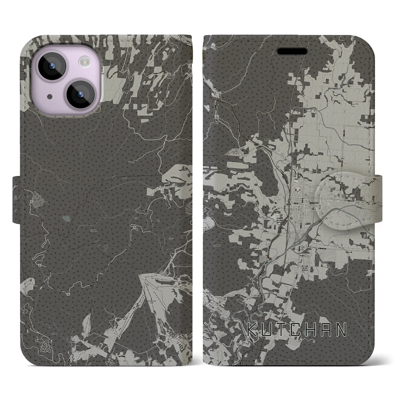 【倶知安(北海道)】地図柄iPhoneケース(手帳タイプ)モノトーン・iPhone 14 用