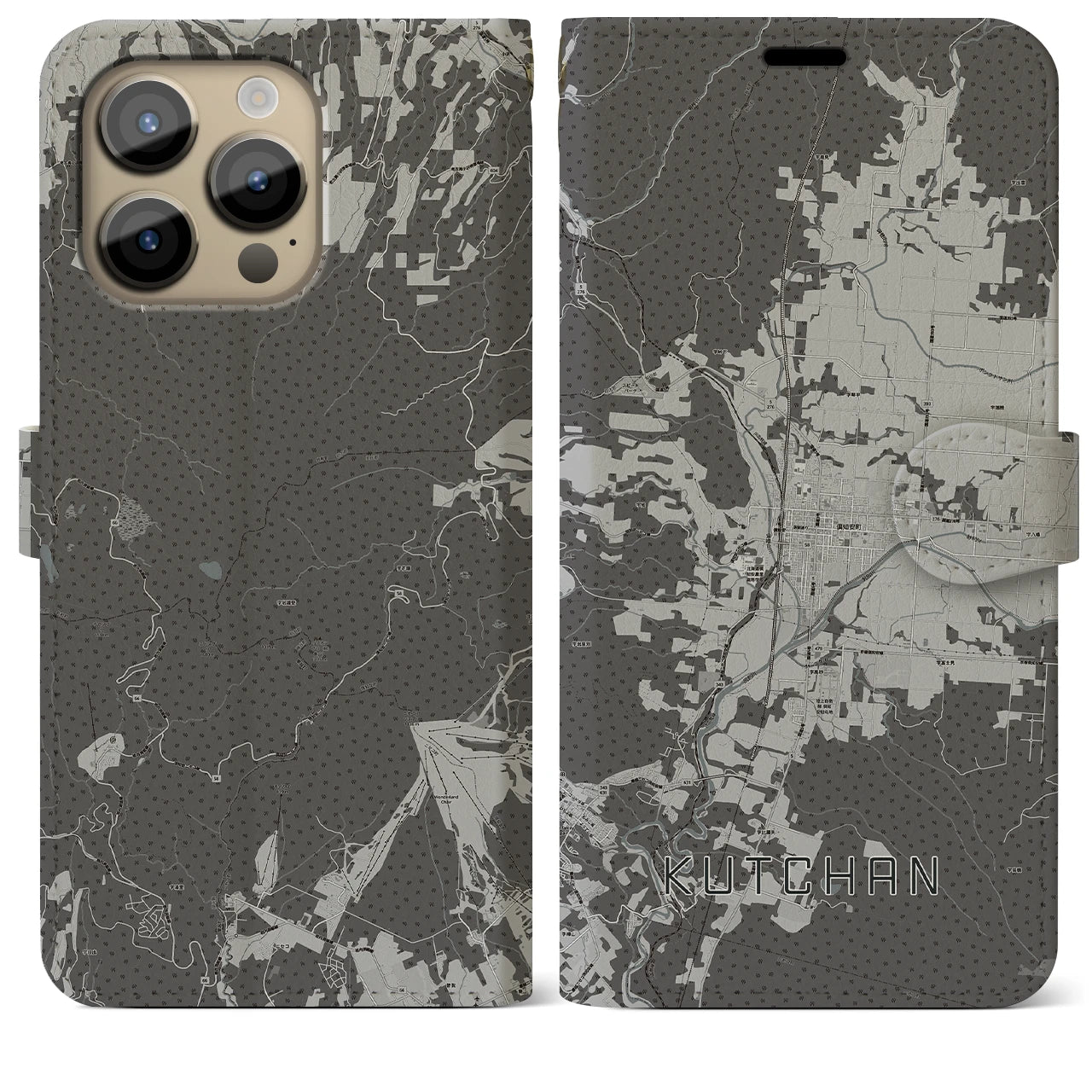 【倶知安(北海道)】地図柄iPhoneケース(手帳タイプ)モノトーン・iPhone 14 Pro Max 用