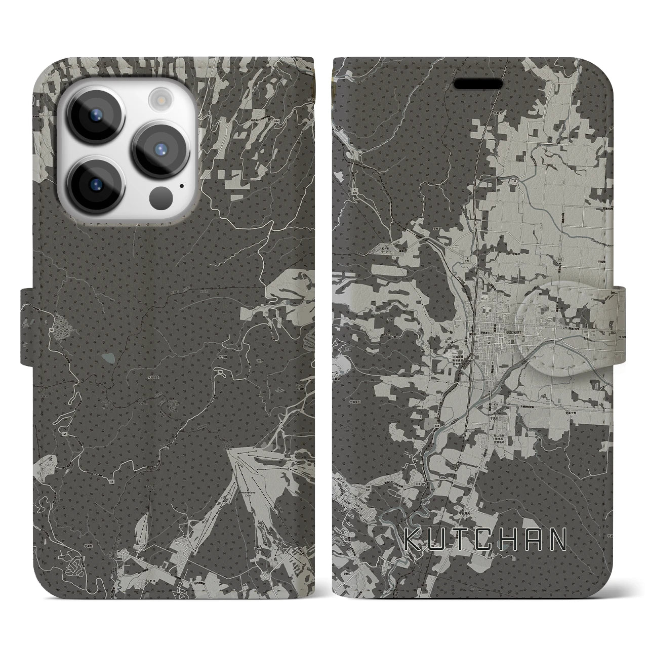 【倶知安(北海道)】地図柄iPhoneケース(手帳タイプ)モノトーン・iPhone 14 Pro 用