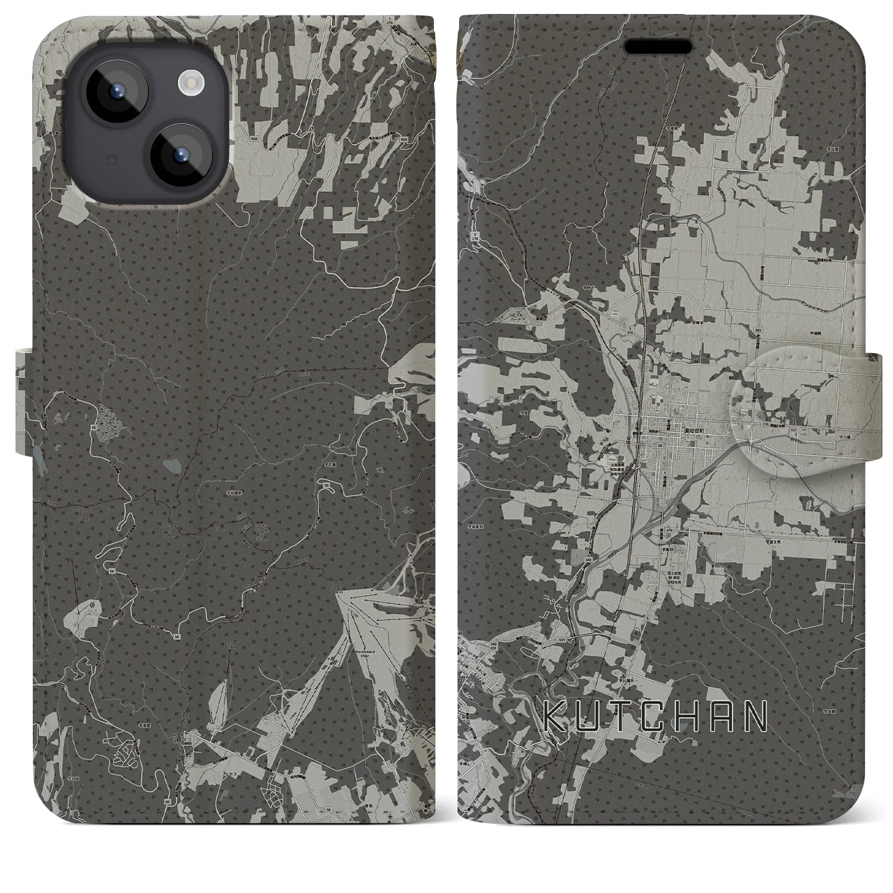 【倶知安(北海道)】地図柄iPhoneケース(手帳タイプ)モノトーン・iPhone 14 Plus 用