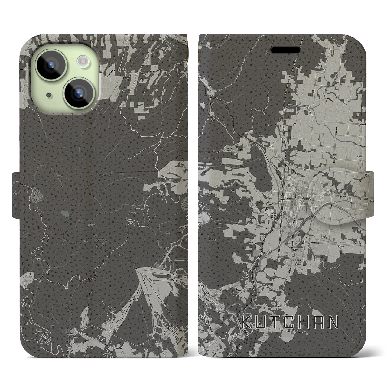 【倶知安(北海道)】地図柄iPhoneケース(手帳タイプ)モノトーン・iPhone 15 用