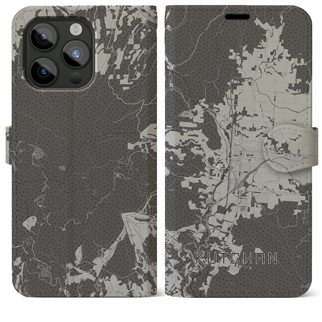 【倶知安(北海道)】地図柄iPhoneケース(手帳タイプ)モノトーン・iPhone 15 Pro Max 用