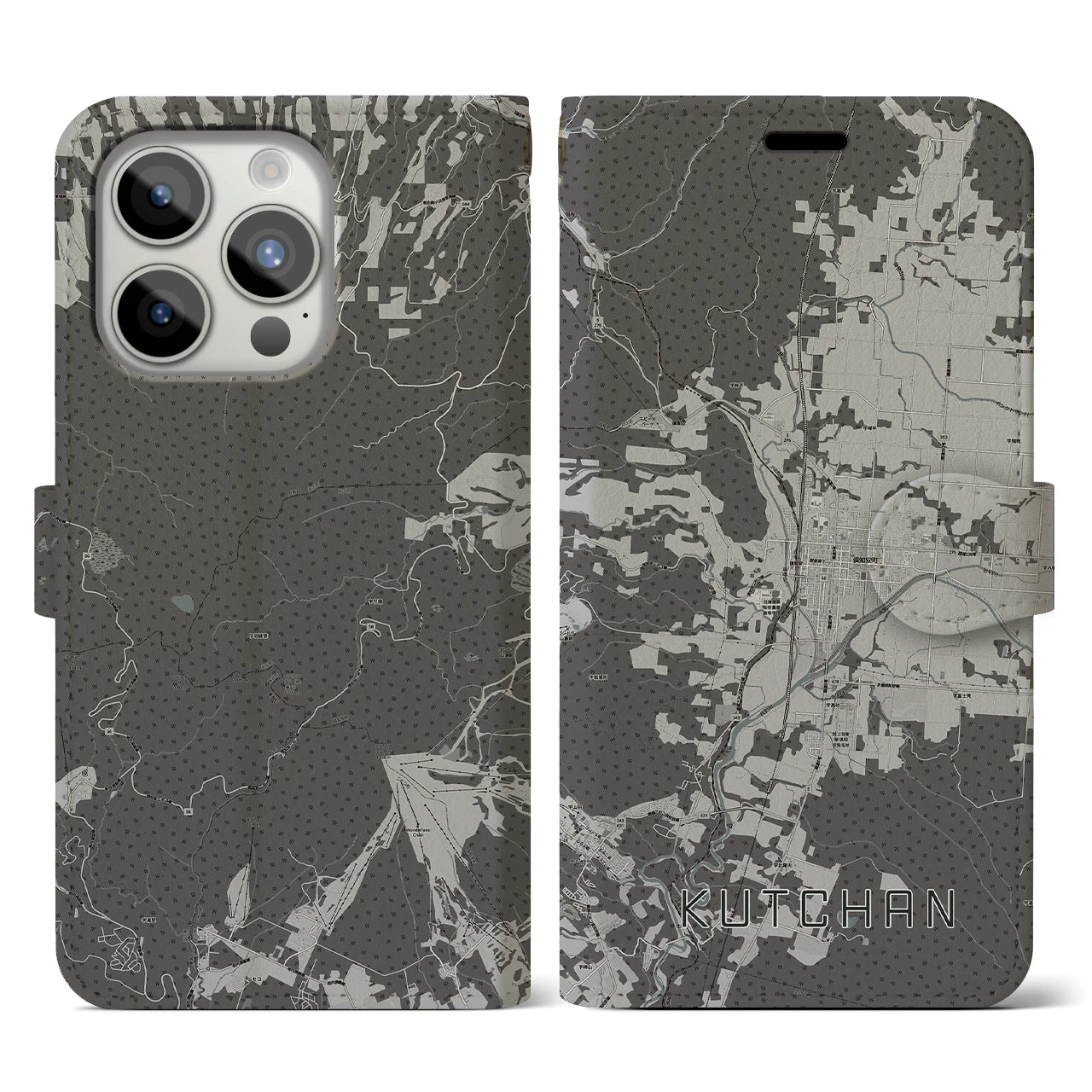 【倶知安(北海道)】地図柄iPhoneケース(手帳タイプ)モノトーン・iPhone 15 Pro 用