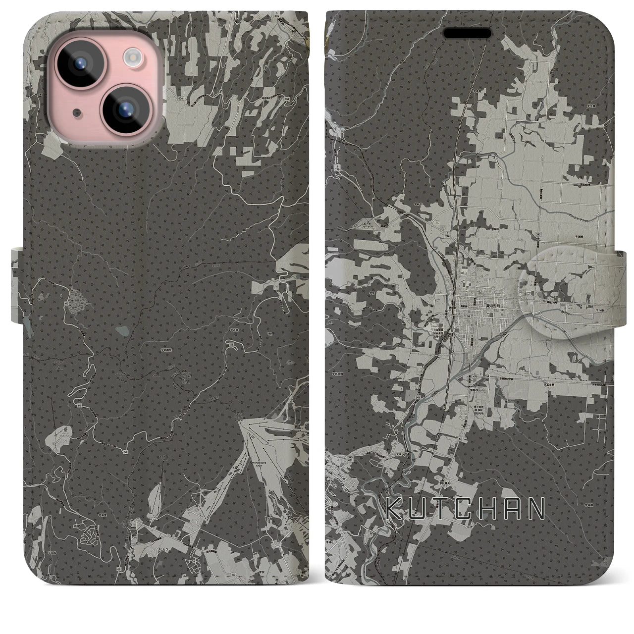 【倶知安(北海道)】地図柄iPhoneケース(手帳タイプ)モノトーン・iPhone 15 Plus 用