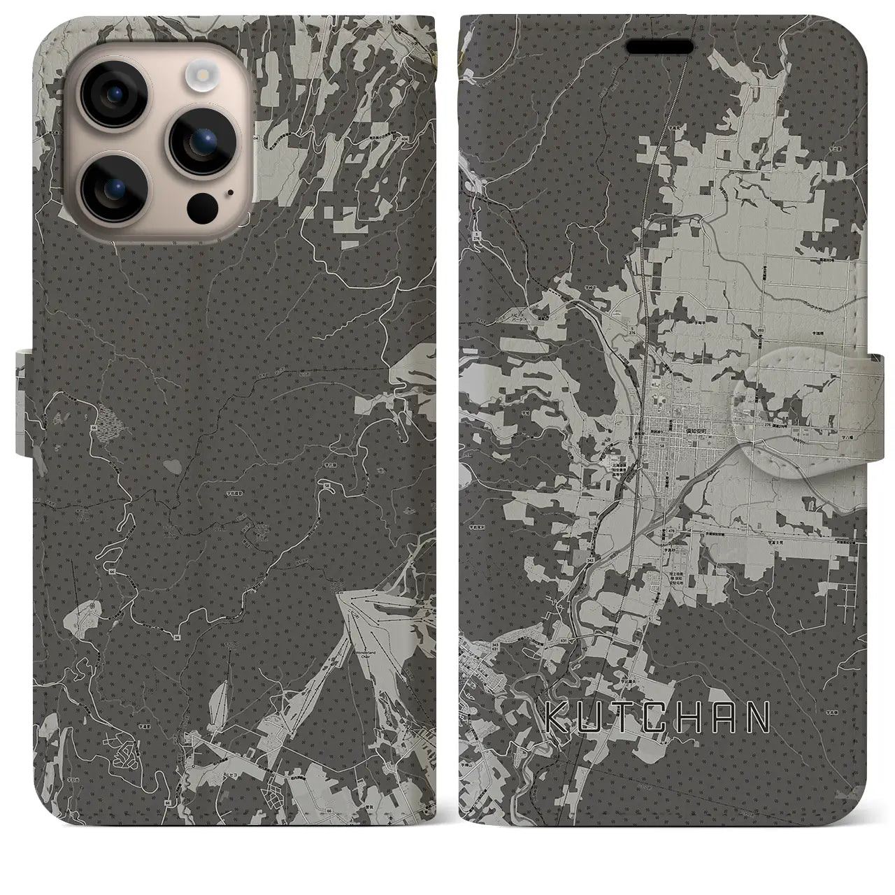 【倶知安(北海道)】地図柄iPhoneケース(手帳タイプ)モノトーン・iPhone 16 Plus 用