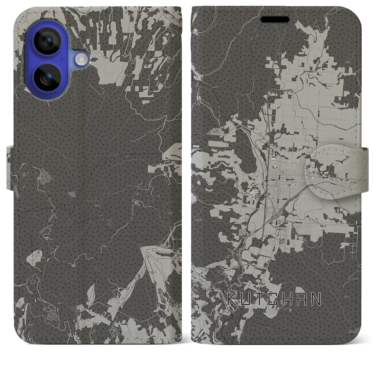 【倶知安(北海道)】地図柄iPhoneケース(手帳タイプ)モノトーン・iPhone 16 Pro Max 用