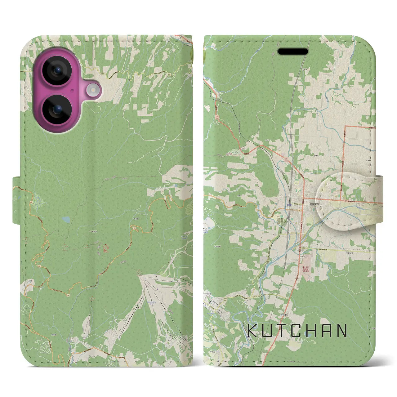 【倶知安(北海道)】地図柄iPhoneケース(手帳タイプ)ナチュラル・iPhone 16 Pro 用