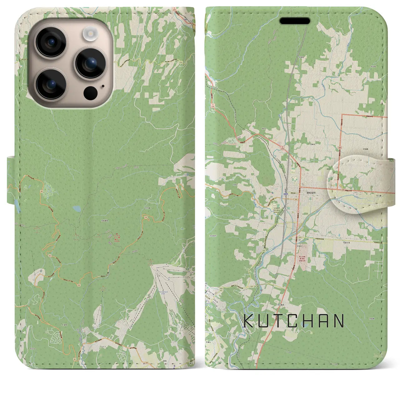 【倶知安(北海道)】地図柄iPhoneケース(手帳タイプ)ナチュラル・iPhone 16 Plus 用