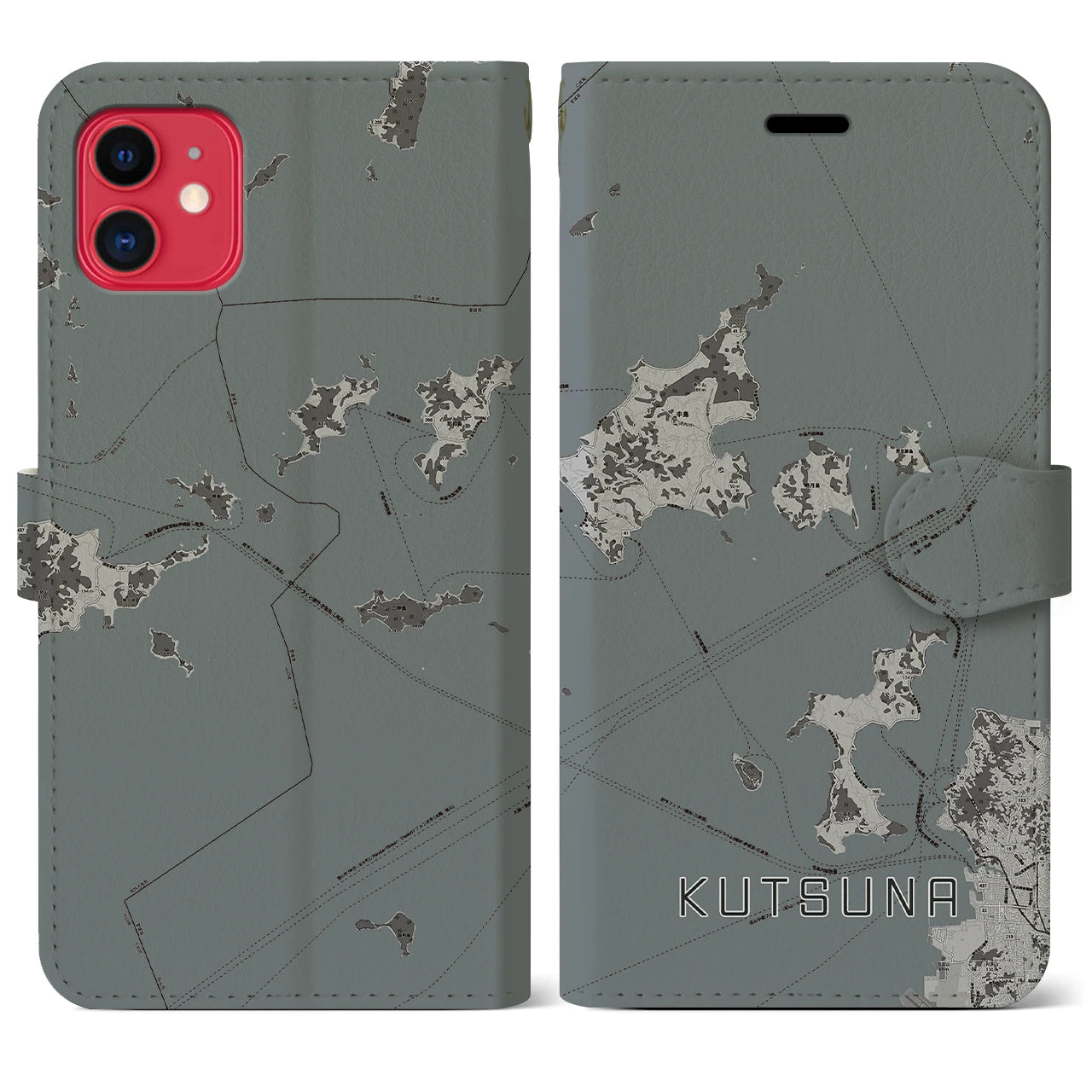 【忽那(愛媛県)】地図柄iPhoneケース(手帳タイプ)モノトーン・iPhone 11 用