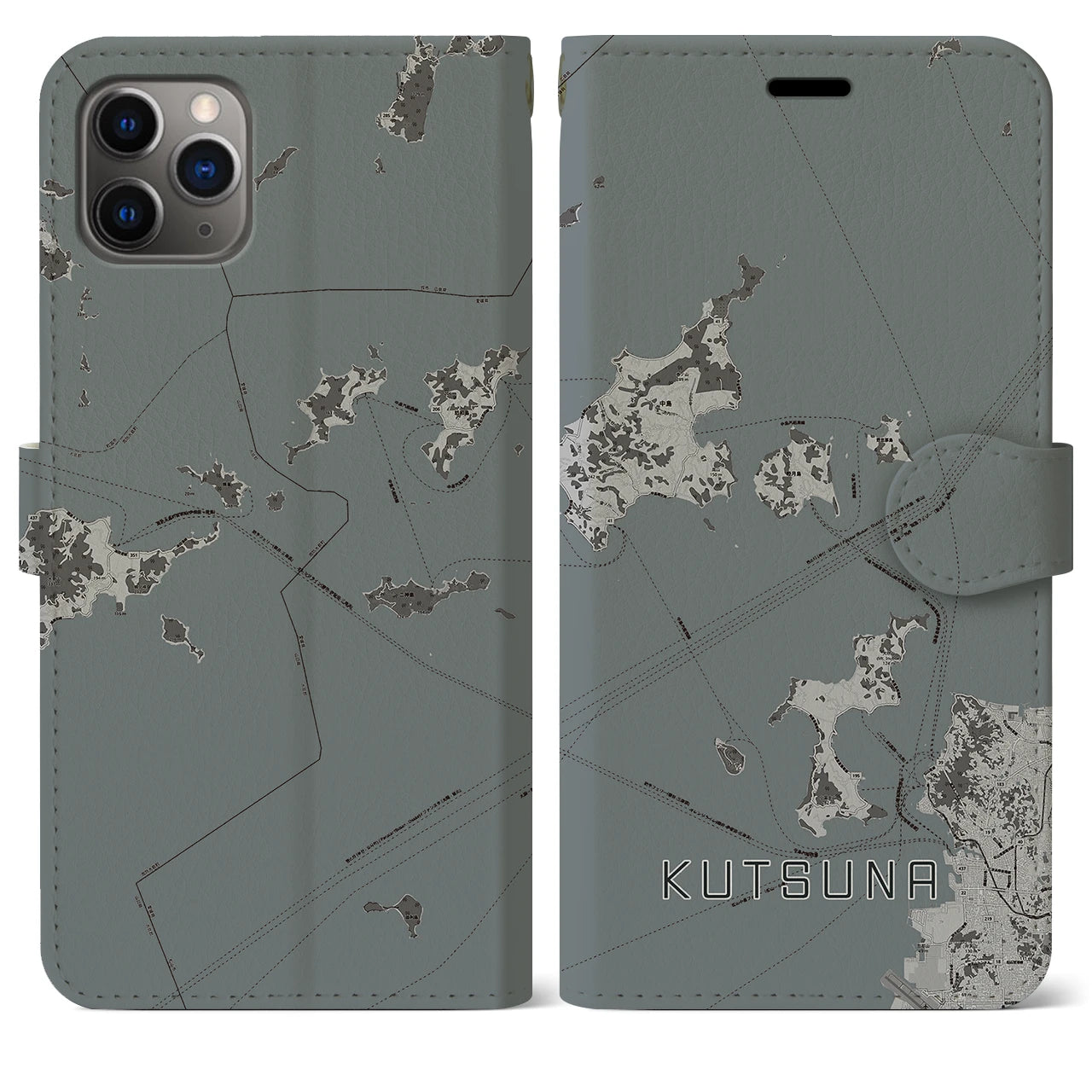 【忽那(愛媛県)】地図柄iPhoneケース(手帳タイプ)モノトーン・iPhone 11 Pro Max 用