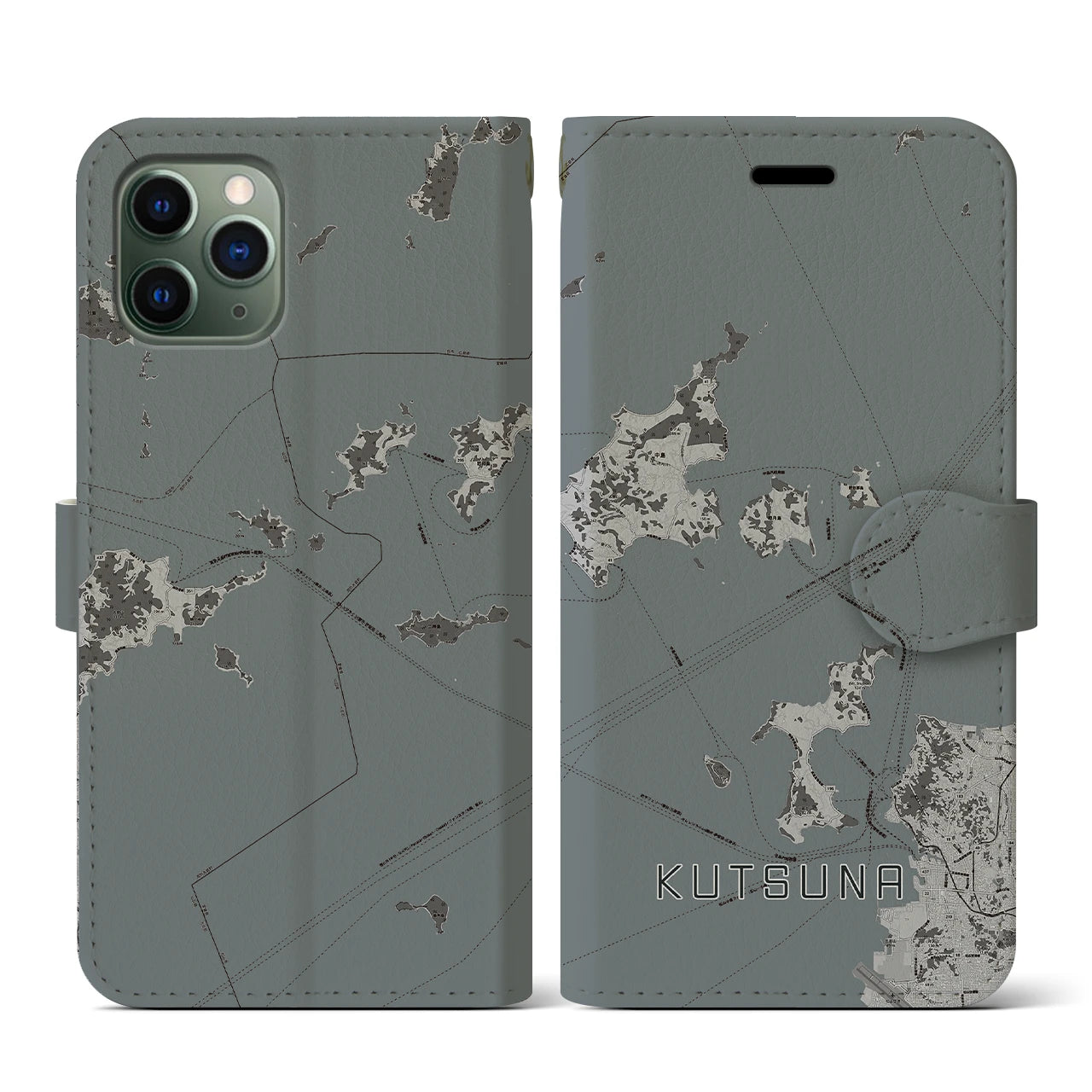 【忽那(愛媛県)】地図柄iPhoneケース(手帳タイプ)モノトーン・iPhone 11 Pro 用