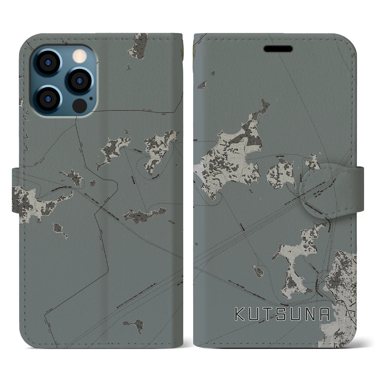 【忽那(愛媛県)】地図柄iPhoneケース(手帳タイプ)モノトーン・iPhone 12 / 12 Pro 用