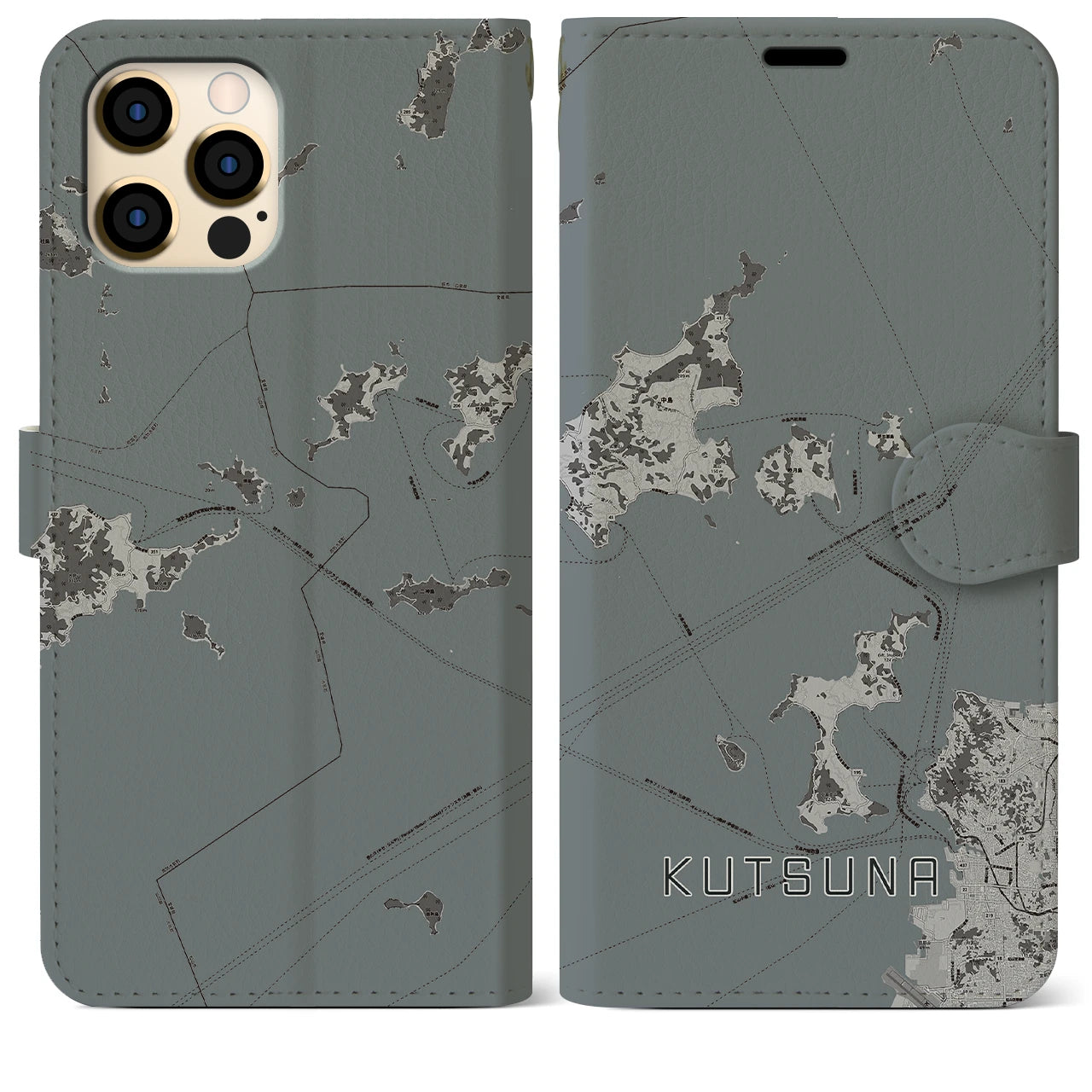 【忽那(愛媛県)】地図柄iPhoneケース(手帳タイプ)モノトーン・iPhone 12 Pro Max 用