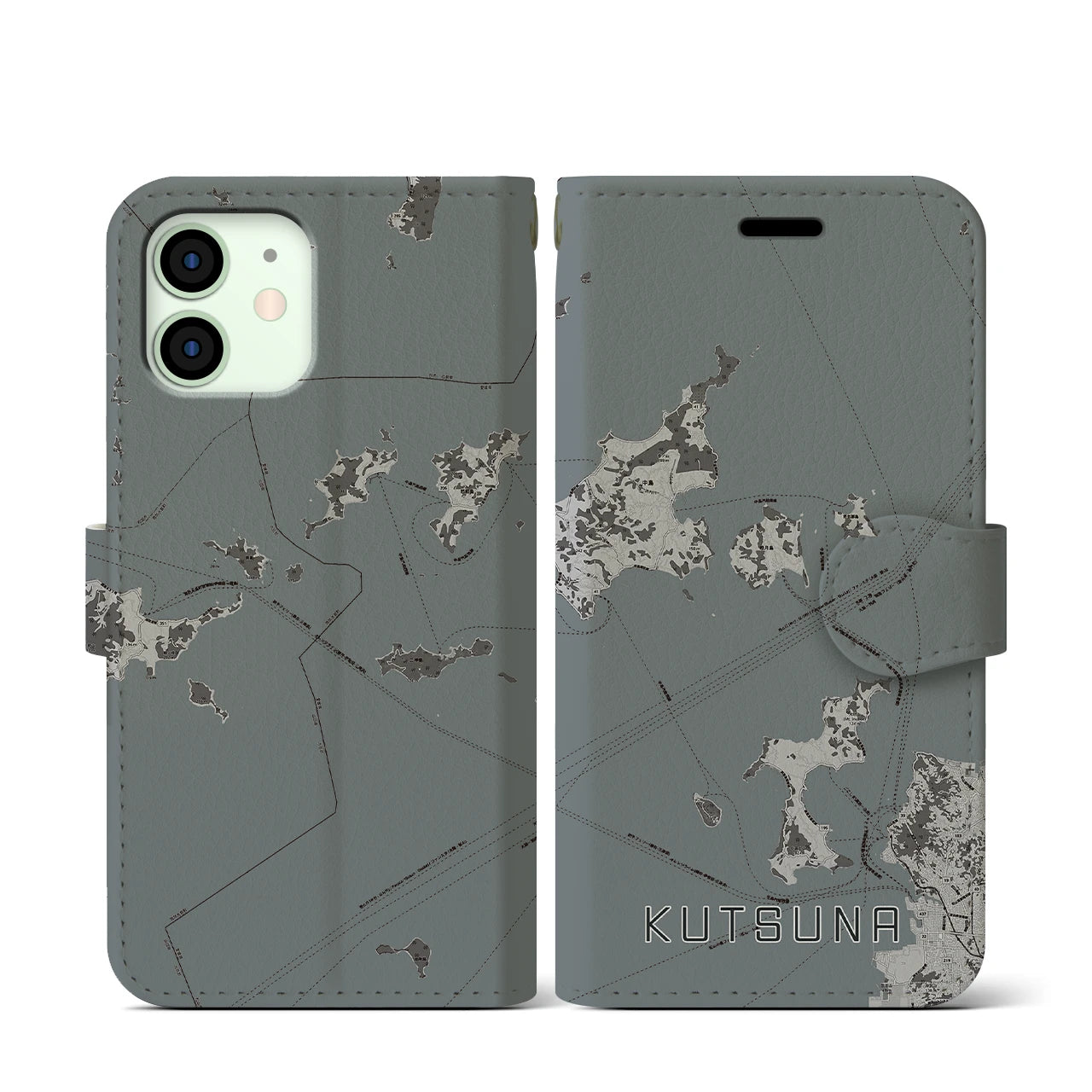 【忽那(愛媛県)】地図柄iPhoneケース(手帳タイプ)モノトーン・iPhone 12 mini 用