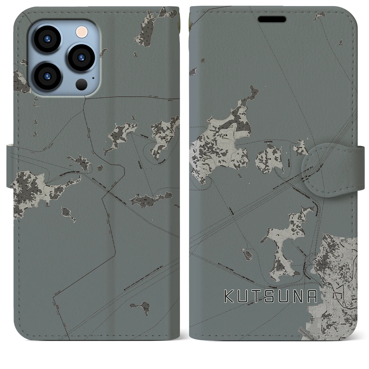 【忽那(愛媛県)】地図柄iPhoneケース(手帳タイプ)モノトーン・iPhone 13 Pro Max 用